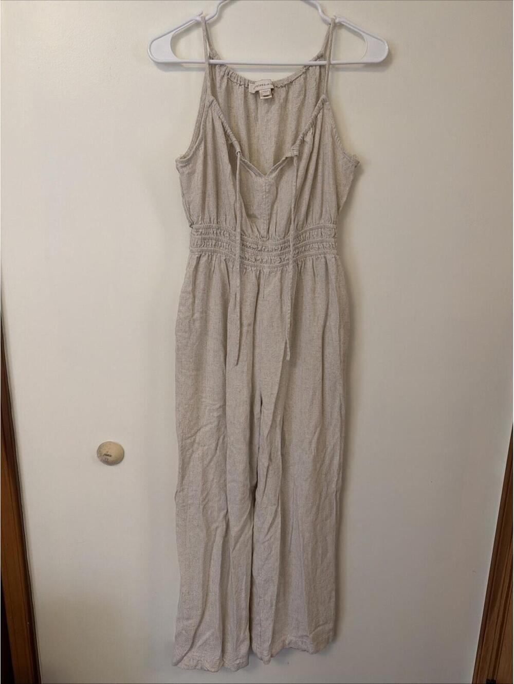 Monteau Los Angeles Tan Linen Blend Sleeveless Smocked Waist Wide Leg Jumpsuit L